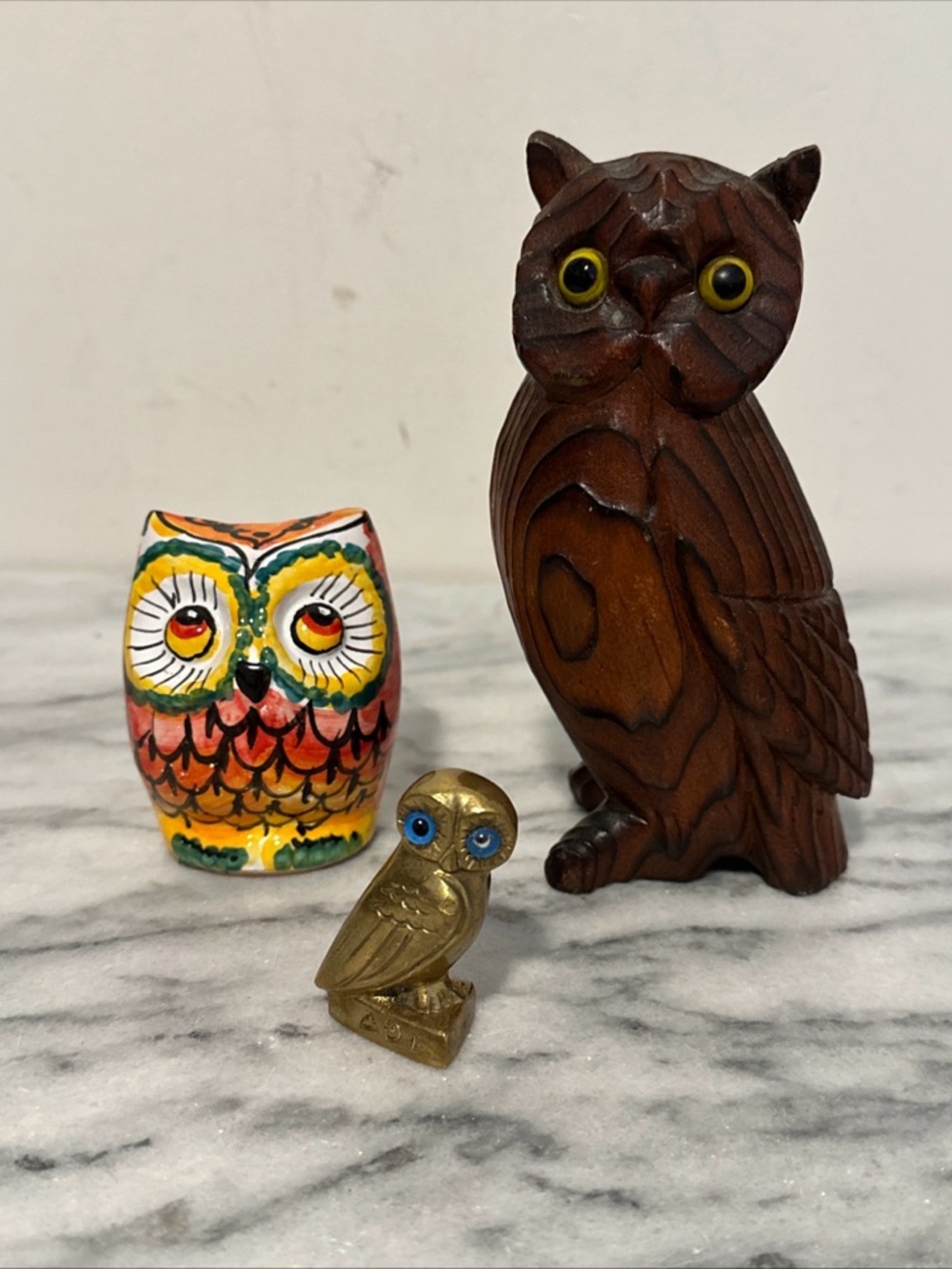 Lot of 3 owl Figurines - Brown wood brass & clay- signed by artist